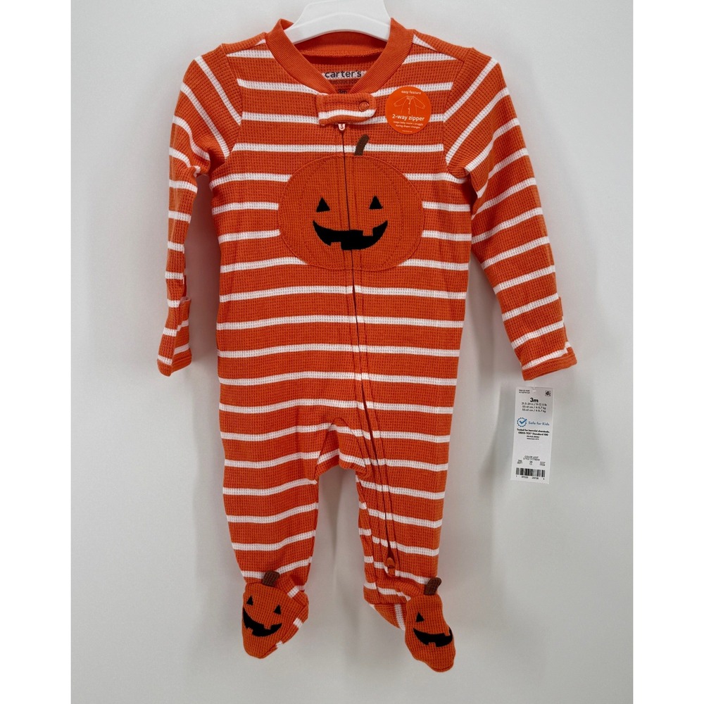 Carters Just One You Baby 3M Orange Pumpkin Stripe Waffle Knit 2-Way Zip Sleeper